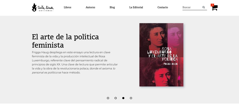 Parte de la portada del sitio de Tinta Limón, en la que se ve el ícono del carrito de compras de Sutty activo.